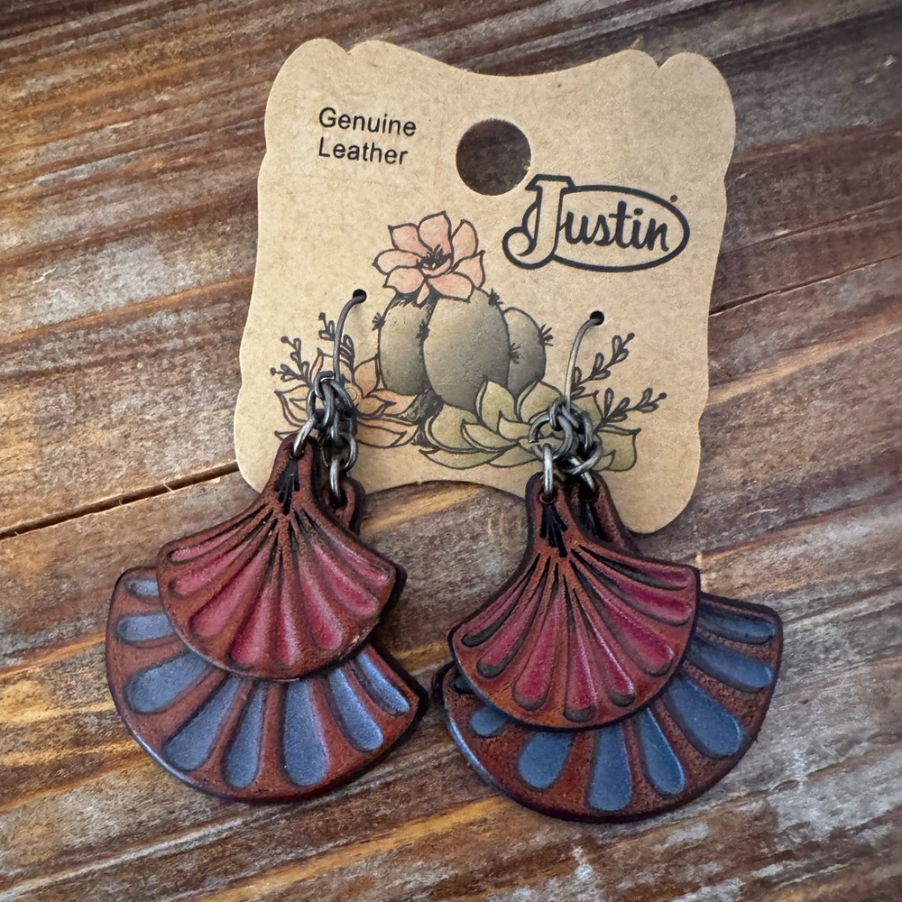Justin Boots Western Leather Fan Earrings - Saddle Tan Red and Turquoise NEW!